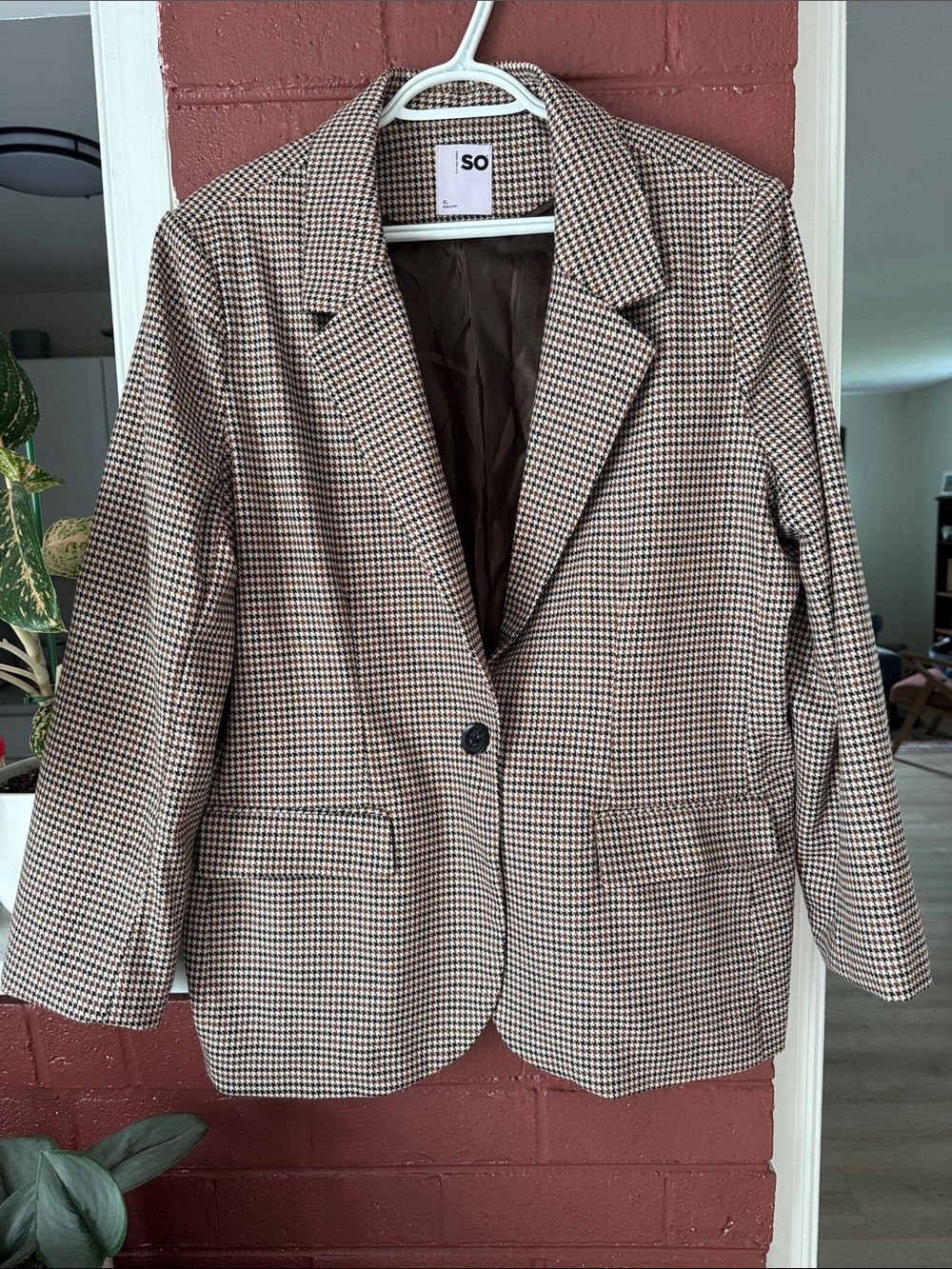 SO Houndstooth Oversized Single-Button Blazer in Brown and Cream XL